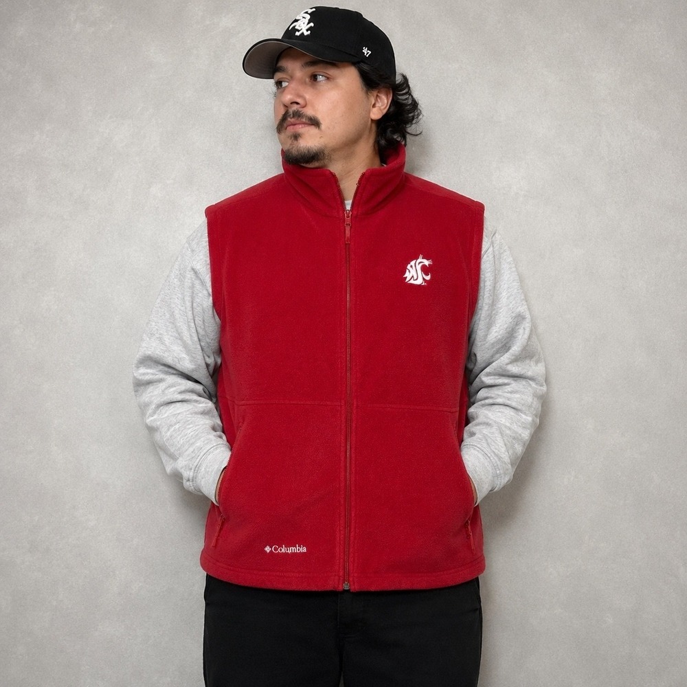 Washington State Cougars Vest Mens XL Red Columbia WSU Fleece Full Zip NCAA Logo